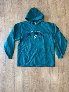 Vintage Miami Dolphins NFL Embroidered Hoodie Teal Pullover Sweatshirt Mens L/XL